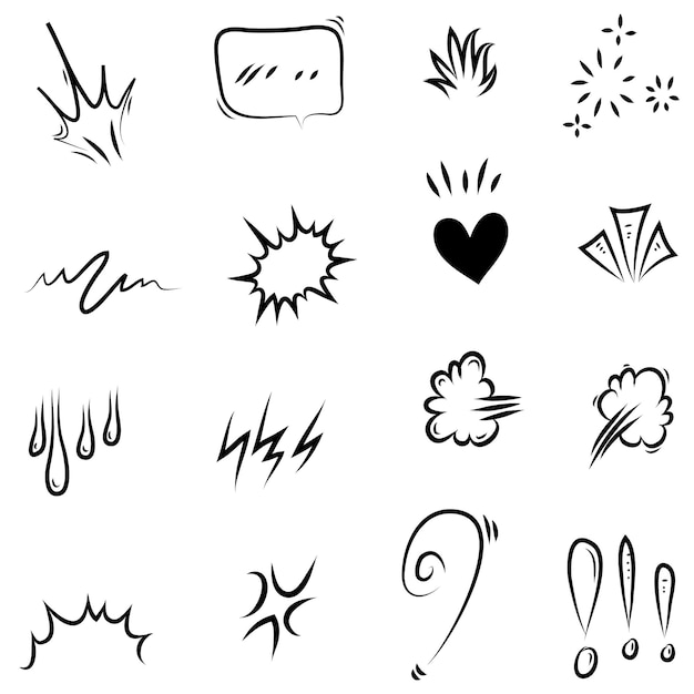 Conjunto vectorial de signos de expresión caricaturescos dibujados a mano curva de garabato flechas direccionales efectos de emoticonos elementos de diseño personajes de dibujos animados símbolos de emoción lindas líneas decorativas de trazo de pincel