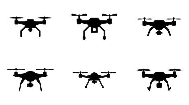Conjunto vectorial de silueta de avión no tripulado con cámara