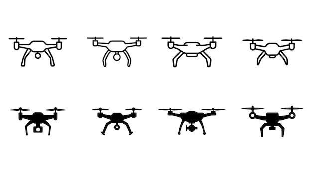 Conjunto vectorial de silueta de avión no tripulado con cámara