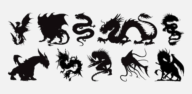 Conjunto vectorial de silueta de dragón Colección de formas de dragón feroces en poses majestuosas