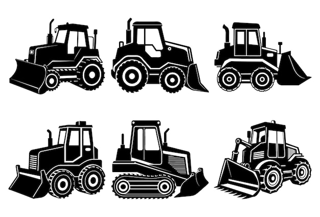 Conjunto vectorial de silueta de excavadora tractor pesado