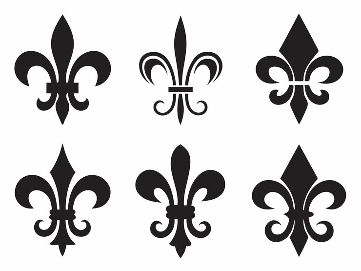 Vector conjunto vectorial de silueta de fleurdelis diseños decorativos elegantes en blanco y negro