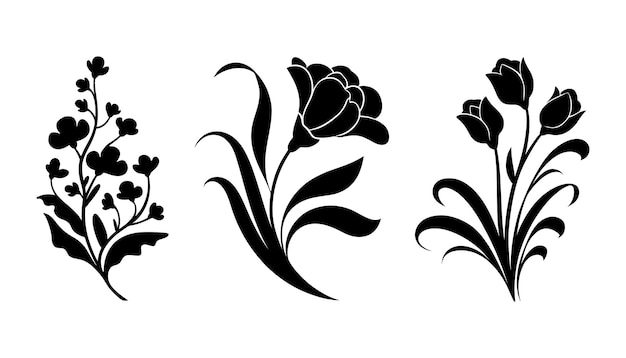 Conjunto vectorial de silueta floral Flores elegantes Hojas y elementos botánicos