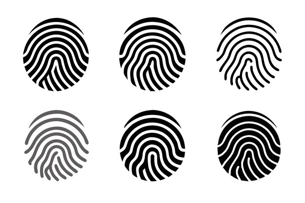 Conjunto vectorial de silueta de huella dactilar icono blanco y negro en fondo blanco