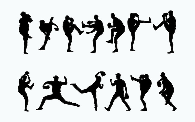 conjunto vectorial de silueta del lanzador de béisbol