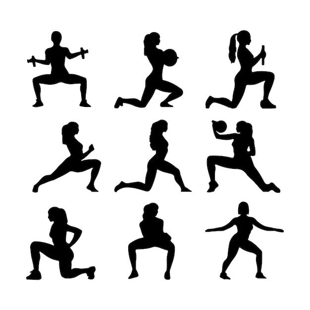 Conjunto vectorial silueta de mujeres haciendo ejercicios de agachamiento silueta de entrenamiento sobre fondo blanco