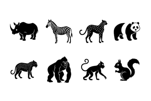 Conjunto vectorial de siluetas de animales ardilla canguro cebra panda rinoceronte y más