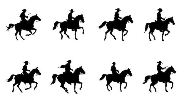 Conjunto vectorial de siluetas de caballos montados por vaqueros