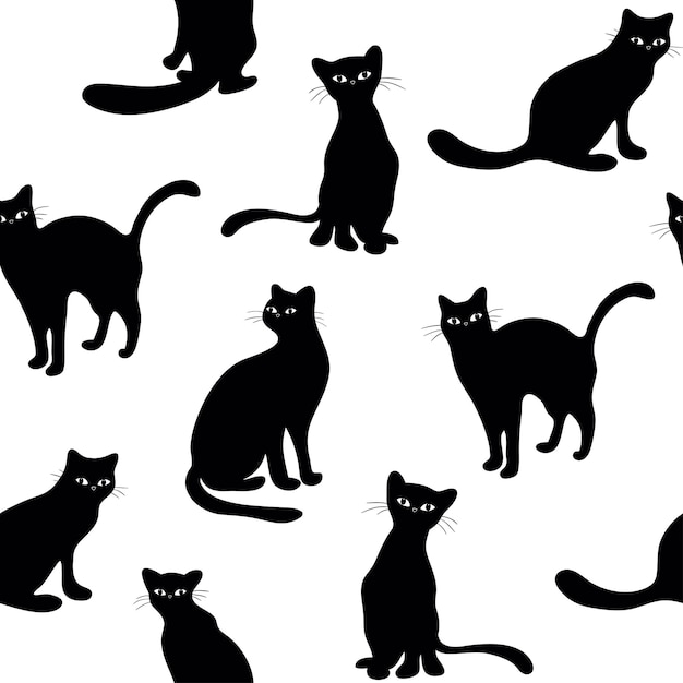 Conjunto vectorial de siluetas de gatos aislados, patrones sin fisuras con gatos negros, ilustración vectorial.