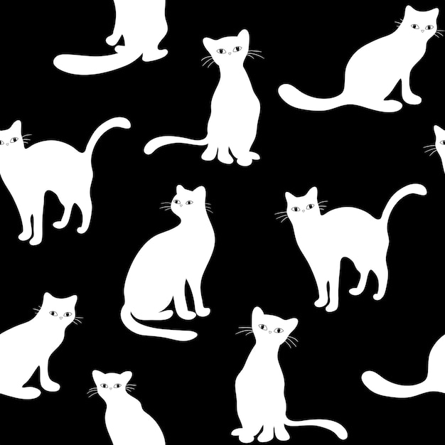 Conjunto vectorial de siluetas de gatos aislados, patrones sin fisuras con gatos negros, ilustraciones vectoriales