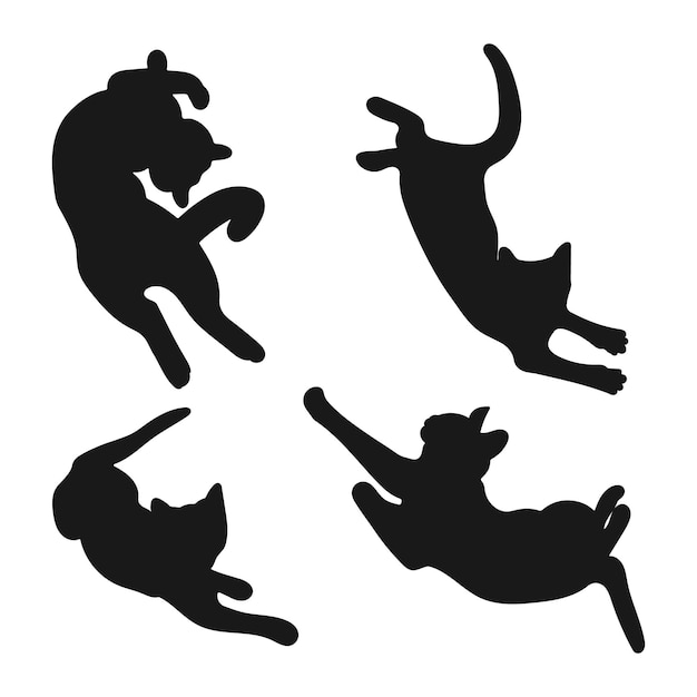 Conjunto vectorial de siluetas de gatos, mascotas negras, mentira, descanso, mentira con diferentes poses de animales