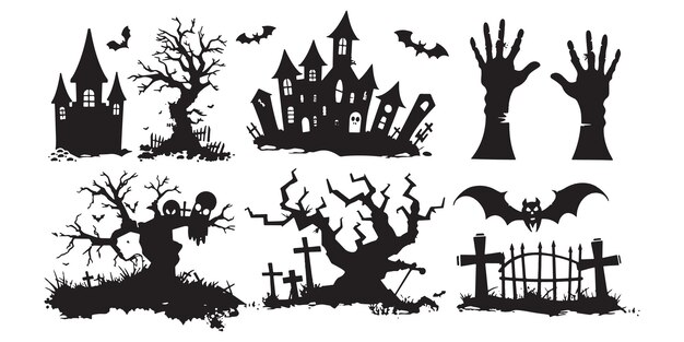 Conjunto vectorial de siluetas negras sobre un fondo blanco elementos espeluznantes para Halloween