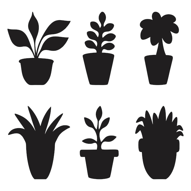 Conjunto vectorial de siluetas de plantas en maceta