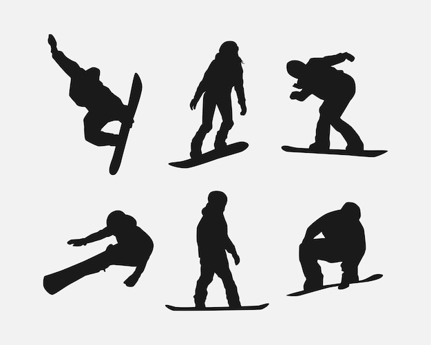 Conjunto vectorial siluetas de snowboarder deporte de snowboard aislado en fondo blanco