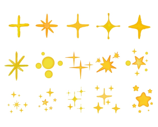 El conjunto vectorial de símbolos de brillo de acuarela amarilla decoración de fuegos artificiales brillantes destello brillante