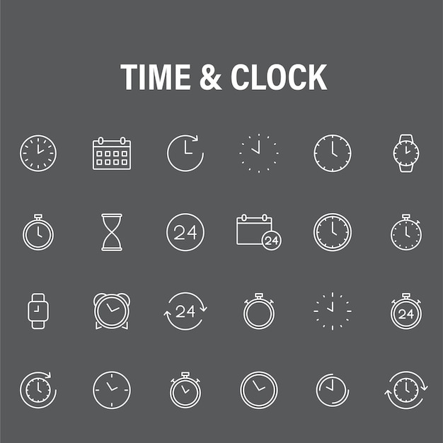 Conjunto vectorial de símbolos de reloj fecha y hora icono evento vector plano icono aislado en blanco