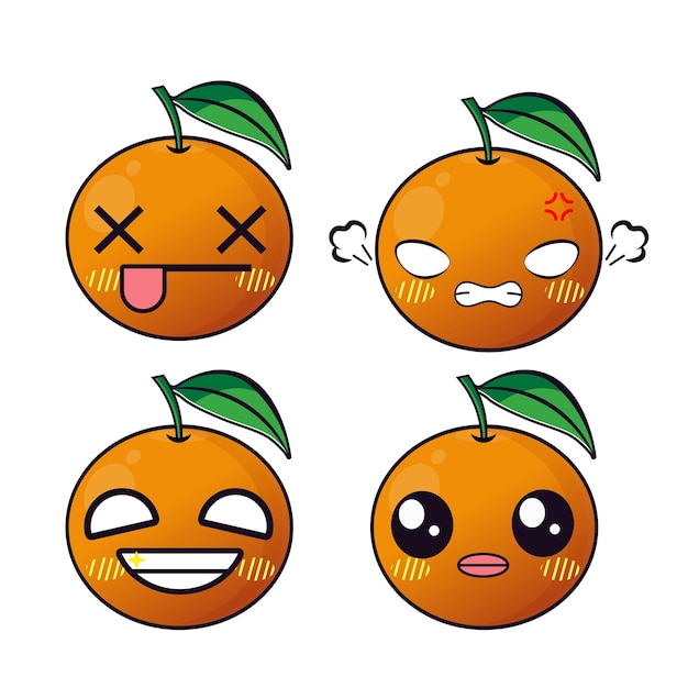 Conjunto vectorial de simpáticos emojis de frutas naranja aislados sobre un fondo blanco Kawaii dibujos animados sonrientes naranjas
