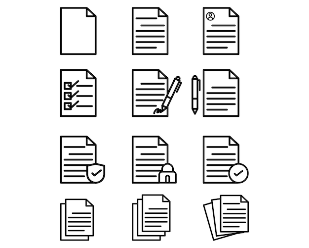 Conjunto vectorial simple de iconos de documentos establecido en estilo de línea