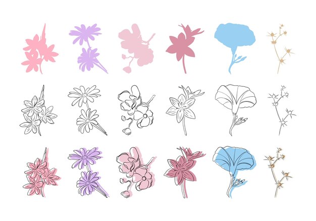 Conjunto vectorial de simples flores acariciadas multicolores y negras