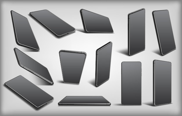 Conjunto vectorial de smartphones realistas con una pantalla oscura vacía y sombra en diferentes ángulos