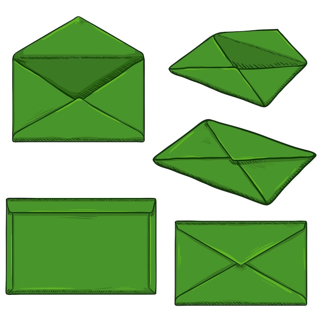 Conjunto vectorial de sobres verdes de dibujos animados abiertos y sellados