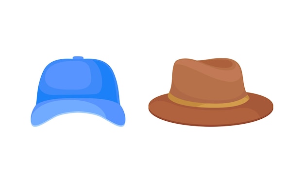 Conjunto vectorial de sombrero y gorra de fieltro o tela de borde ancho