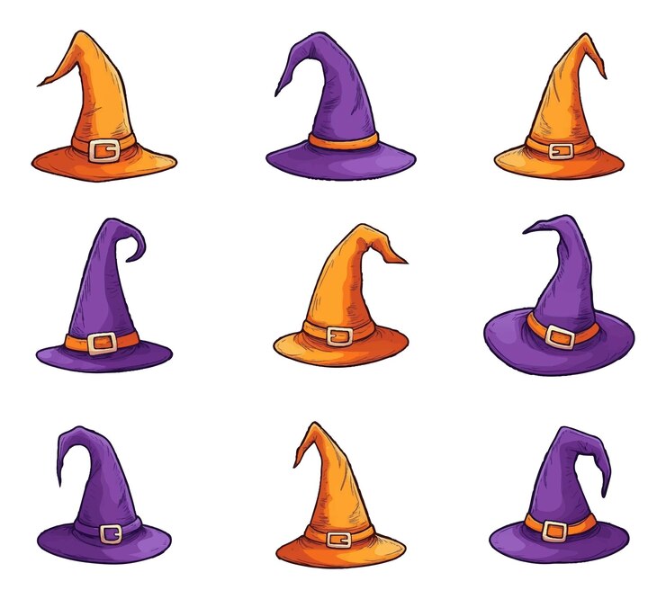 Conjunto vectorial de sombreros de bruja púrpura y naranja aislados sobre un fondo blanco