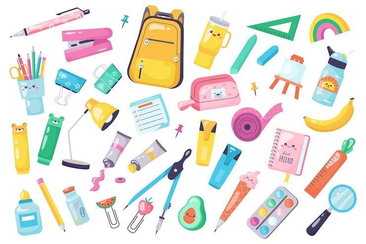 Vector conjunto vectorial de suministros escolares para el estudio educación escuela universidad en estilo kawaii de vuelta a la escuela