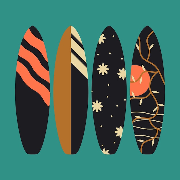 Conjunto vectorial de tablas de surf en estilo plano.