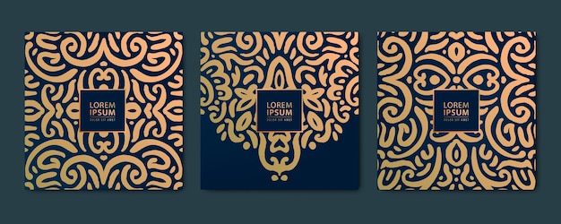 Conjunto vectorial de tarjetas de adorno dorado de lujo con motivos florales dibujados a mano. Uso para invitación, etiqueta de vino, paquete de perfume, tarjeta de agradecimiento, etc. Diseño vintage de forma cuadrada