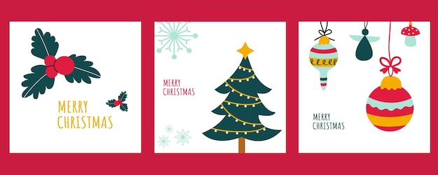 Vector conjunto vectorial de tarjetas de felicitación de invierno con decoración de juguetes de árbol de navidad cartel de felicitación