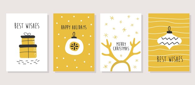 Conjunto vectorial de tarjetas navideñas escandinavas en colores blanco, negro y amarillo