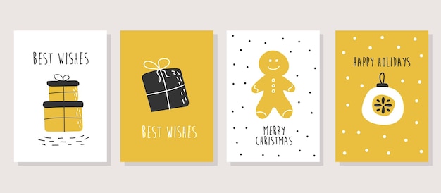 Conjunto vectorial de tarjetas navideñas escandinavas en colores blanco, negro y amarillo