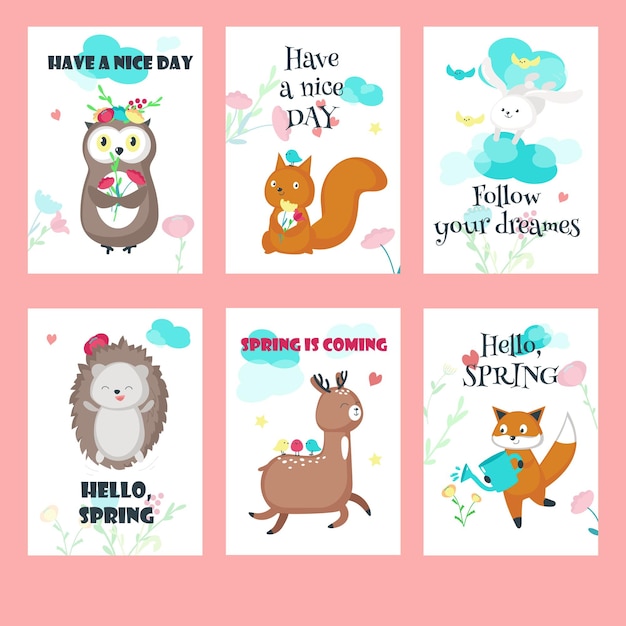 Vector conjunto vectorial de tarjetas de primavera con animales del bosque y citas inspiradoras