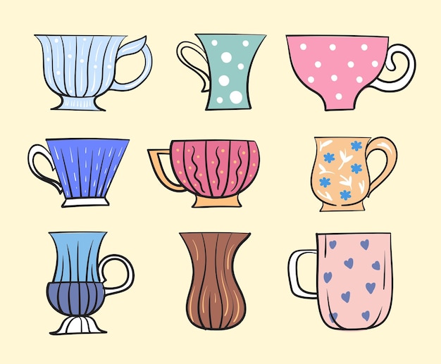 Conjunto vectorial de tazas lindas Colección de varias tazas modernas