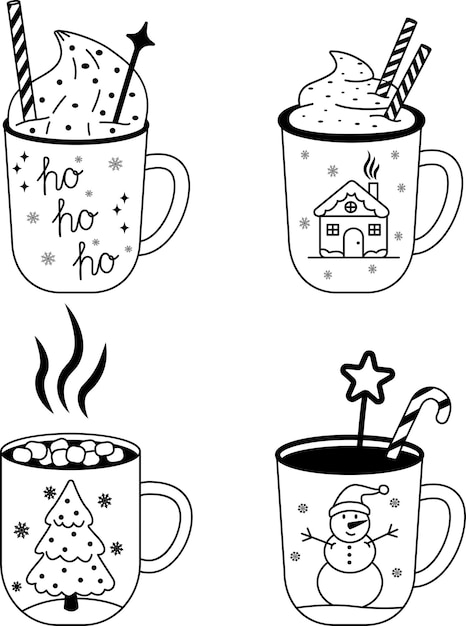 Conjunto vectorial de tazas pintadas a mano para cacao caliente y café con crema Un conjunto de tazas bonitas