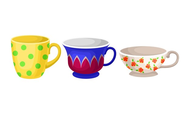 Conjunto vectorial de tazas de porcelana o cerámica con mango para beber té