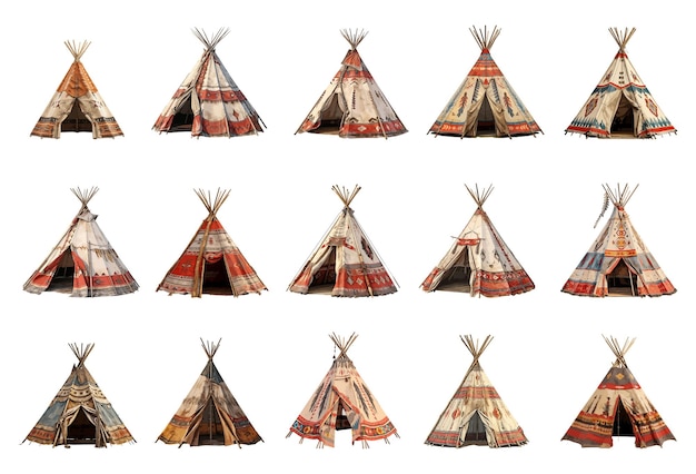 El conjunto vectorial de tiendas de campaña nativas americanas aisladas sobre un fondo blanco