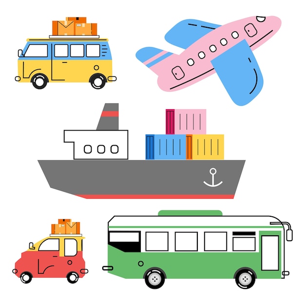 Conjunto vectorial de transporte Van Mini coche eléctrico avión barco y ilustración de autobús público