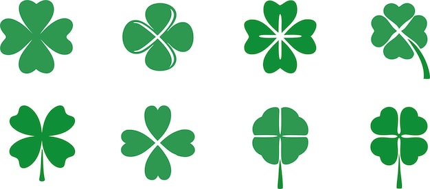 Conjunto vectorial de trébol de cuatro hojas y tres hojas Iconos de trébol verde