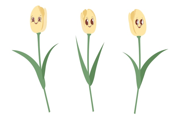 Conjunto vectorial de tulipanes amarillos aislados tulipanes al estilo de kawaii