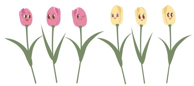 Conjunto vectorial de tulipanes rosados y amarillos aislados tulipanes al estilo de kawaii