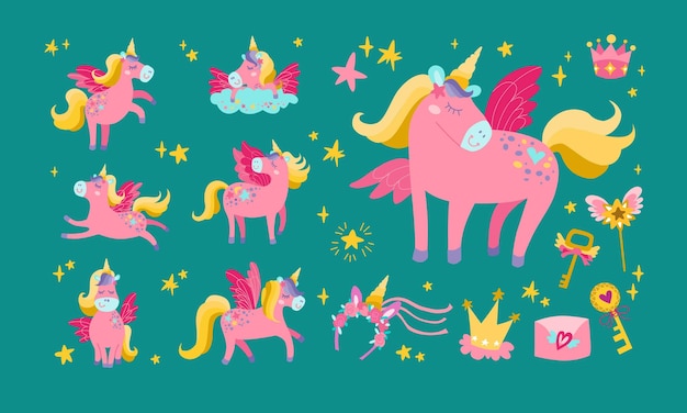 Conjunto vectorial de unicornio Colección de animales de fantasía con cuerno y crina dorados