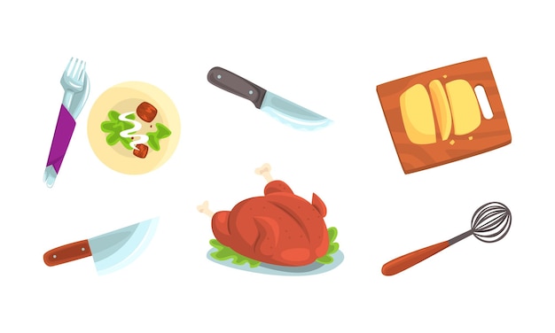 Conjunto vectorial de utensilios de cocina para la preparación de alimentos y platos servidos en platos
