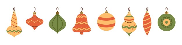 Conjunto vectorial de varias bolas y bolas navideñas en colores rojo, verde y amarillo Colección de adornos y decoraciones navideñas en diseño plano Ilustración larga de Año Nuevo y Navidad