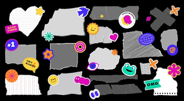 Conjunto vectorial de varios pedazos de papel rasgados y arrugados con pegatinas y parches brillantes