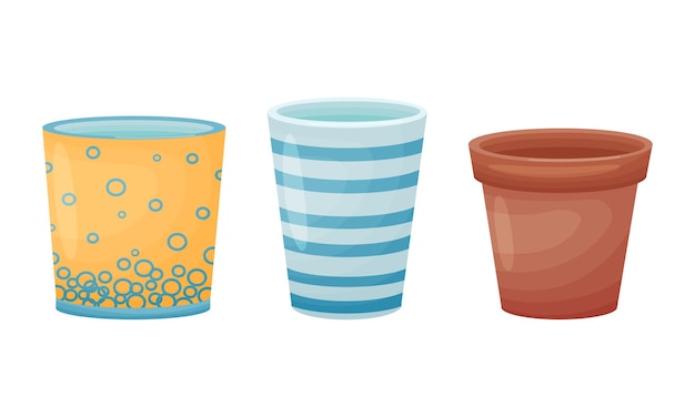 Conjunto vectorial de vaso vacío de cerámica o arcilla en forma para flores decorativas