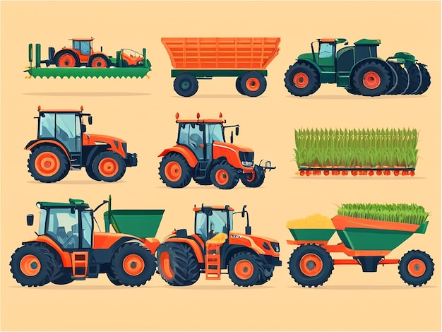 Vector conjunto vectorial de vehículos agrícolas y máquinas agrícolas. tractores cosechadoras.