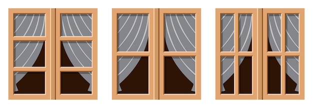 Vector conjunto vectorial de ventanas de madera antiguas con cortinas aisladas en fondo blanco