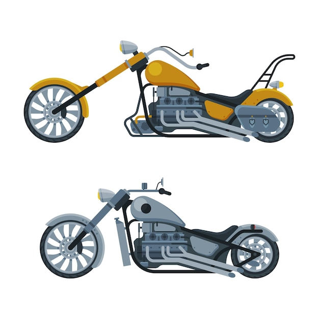 Conjunto vectorial de vista lateral de motocicleta o motocicleta como vehículo de motor de dos ruedas